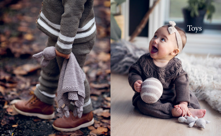 A split image: left, a child outdoors holds a knitted bunny toy; right, a baby in Nordic knitwear sits indoors with striped ball and bunny. The words "Baby Knits from Norway – Schiffer Publishing, Ltd." appear above.