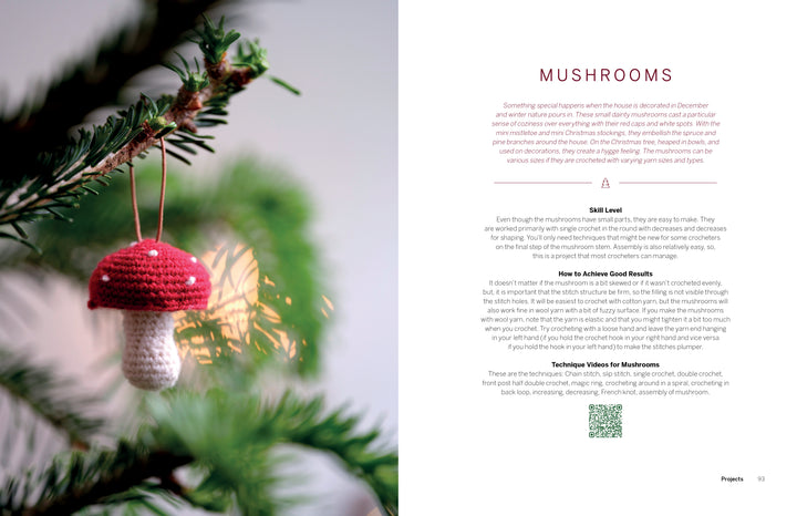 A close-up of a crochet red and white mushroom ornament hangs on the left, with an article about crocheting mushroom ornaments and Cozy Christmas Crochet by Schiffer Publishing, Ltd. featured on the right.