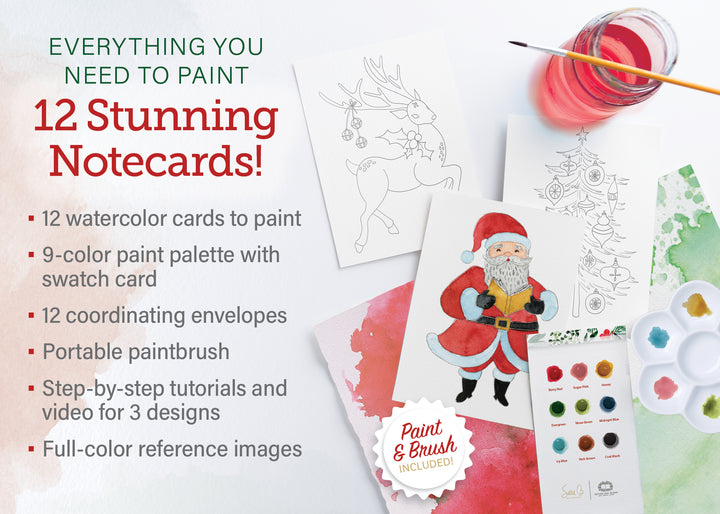 The Schiffer Publishing, Ltd. Watercolor the Easy Way Paint-Your-Own Watercolor Cards Christmas kit includes holiday cards, a paint palette, brush, envelopes, and an instruction list with details about the included art supplies.