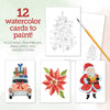 Create festive greetings with Schiffer Publishing, Ltd.'s Watercolor the Easy Way Paint-Your-Own Watercolor Cards Christmas kit—12 outlined cards with tree, car gifts, poinsettia & Santa designs, a paintbrush, and sheet included.