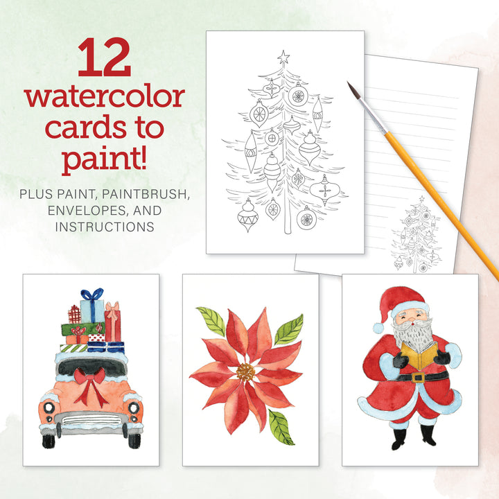 Create festive greetings with Schiffer Publishing, Ltd.'s Watercolor the Easy Way Paint-Your-Own Watercolor Cards Christmas kit—12 outlined cards with tree, car gifts, poinsettia & Santa designs, a paintbrush, and sheet included.