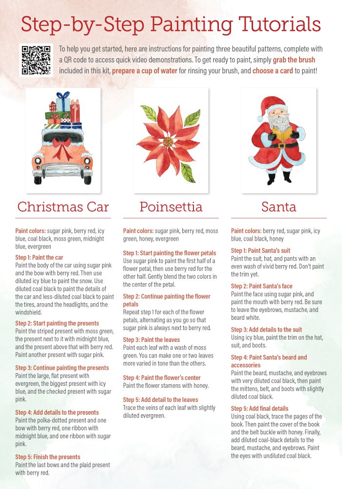 Create festive holiday cards with Watercolor the Easy Way Paint-Your-Own Watercolor Cards Christmas by Schiffer Publishing, Ltd., featuring step-by-step tutorials for painting a car with gifts, poinsettia flower, and Santa Claus.