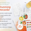 The Watercolor the Easy Way Paint-Your-Own Watercolor Cards Autumn kit by Schiffer Publishing, Ltd. includes outlined autumn notecards, a paint palette, brush in water, and painted pumpkin cards. Text highlights "12 Stunning Notecards!" in bold red font.