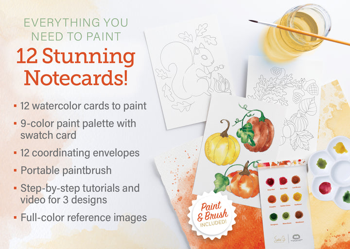 The Watercolor the Easy Way Paint-Your-Own Watercolor Cards Autumn kit by Schiffer Publishing, Ltd. includes outlined autumn notecards, a paint palette, brush in water, and painted pumpkin cards. Text highlights "12 Stunning Notecards!" in bold red font.