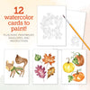 The Schiffer Publishing, Ltd. Watercolor the Easy Way Paint-Your-Own Watercolor Cards Autumn kit includes 12 autumn notecards with foxes, leaves, and pumpkins, a paintbrush, instruction sheet, and envelopes for a fun watercolor painting experience.