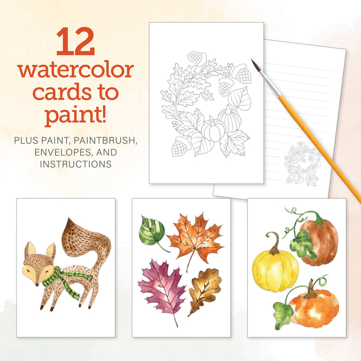 The Schiffer Publishing, Ltd. Watercolor the Easy Way Paint-Your-Own Watercolor Cards Autumn kit includes 12 autumn notecards with foxes, leaves, and pumpkins, a paintbrush, instruction sheet, and envelopes for a fun watercolor painting experience.
