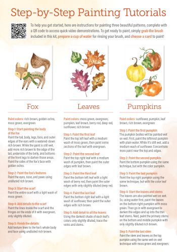 The "Watercolor the Easy Way Paint-Your-Own Watercolor Cards Autumn" by Schiffer Publishing, Ltd. offers step-by-step guides for painting a fox, autumn leaves, and pumpkins, with supply lists and QR codes for video demos—perfect for autumn notecards.