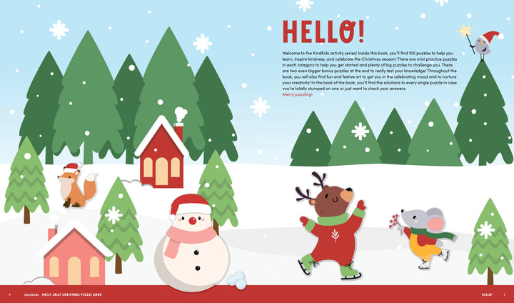 Delight in the KindKids Holly Jolly Christmas Puzzle Book by Schiffer Publishing, Ltd.—a snowy winter scene with pine trees, ice-skating animal friends, a snowman, and cozy houses. Perfect for festive puzzles or a Christmas activity book!.