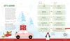 The KindKids Holly Jolly Christmas Puzzle Book by Schiffer Publishing, Ltd. features a dog pulling a pink car with presents, snow-covered trees, and a penguin. Festive puzzles and word scrambles appear on the right in green boxes with holiday decorations.