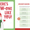 Left: A smiling snowman in red hat, scarf, and mittens with “THERE’S SNOW-ONE LIKE YOU!” Right: Schiffer Publishing’s KindKids Holly Jolly Christmas Puzzle Book, featuring festive puzzles and a Holiday Baking word scramble with gingerbread illustrations.