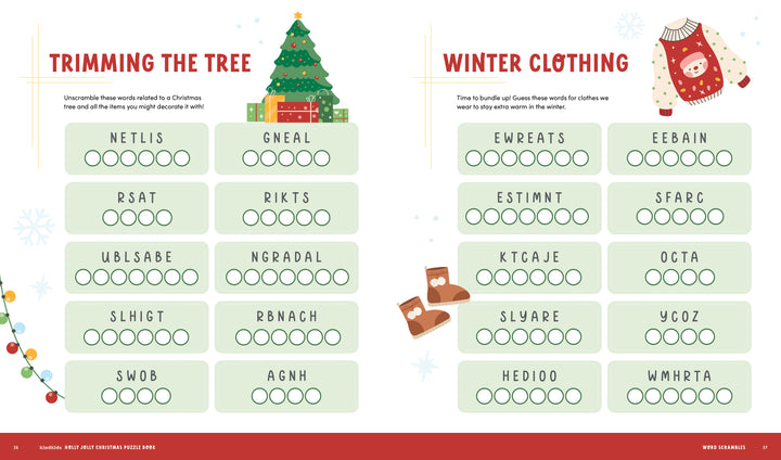 The KindKids Holly Jolly Christmas Puzzle Book by Schiffer Publishing, Ltd. features a festive word scramble with sections Trimming the Tree and Winter Clothing, including holiday and clothing words with answer circles.