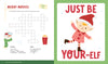 The KindKids Holly Jolly Christmas Puzzle Book by Schiffer Publishing, Ltd. features a Christmas movie crossword with snowman and popcorn art, plus a festive elf dancing by bold red text: JUST BE YOUR-ELF.
