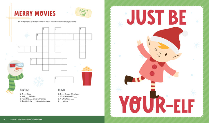 The KindKids Holly Jolly Christmas Puzzle Book by Schiffer Publishing, Ltd. features a Christmas movie crossword with snowman and popcorn art, plus a festive elf dancing by bold red text: JUST BE YOUR-ELF.