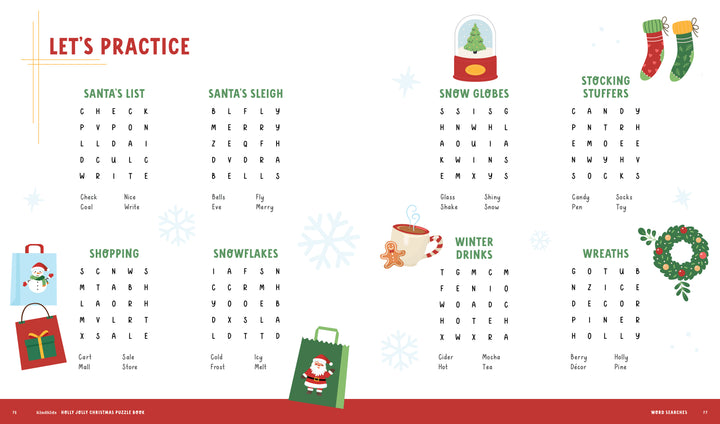 The KindKids Holly Jolly Christmas Puzzle Book by Schiffer Publishing, Ltd. offers festive word searches in five themes like Santa's List and Snow Globes, with Christmas illustrations—ideal for activity books or puzzle lovers.