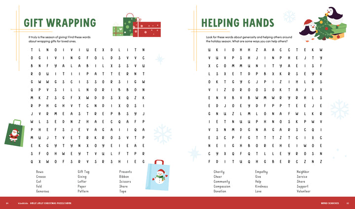 Enjoy festive fun with the KindKids Holly Jolly Christmas Puzzle Book by Schiffer Publishing, Ltd.—a two-page holiday word search featuring gifts, wrapping words, penguins, and kindness for a merry Christmas activity!.