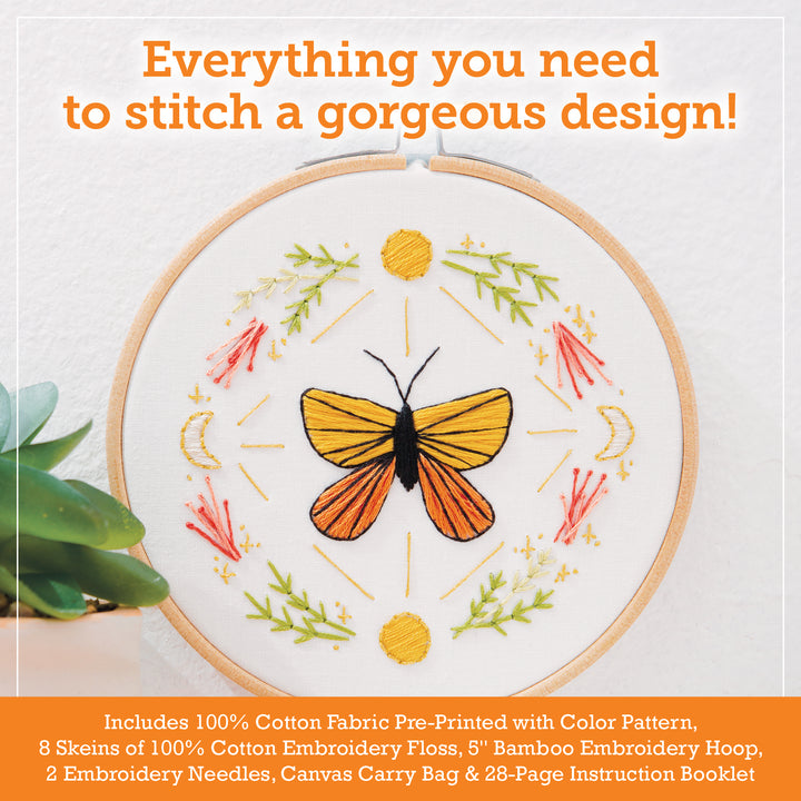 The Sunny Stitches Embroidery Kit Brilliant Butterfly by Schiffer Publishing, Ltd. features a stitched butterfly with vibrant flowers and leaves. Orange text above reads, "Everything you need for beautiful butterfly embroidery!.