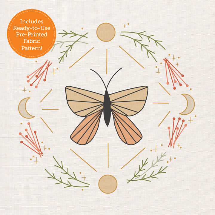 The Sunny Stitches Embroidery Kit Brilliant Butterfly by Schiffer Publishing, Ltd. features a geometric butterfly with orange and tan wings, moons, circles, branches, and a note: Includes Ready-to-Use Pre-Printed Fabric Pattern!.