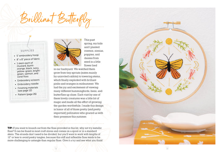 The Sunny Stitches Embroidery Kit Brilliant Butterfly by Schiffer Publishing, Ltd. displays a yellow and black butterfly in a wooden hoop with colorful floral stitches. Supplies and step-by-step instructions are shown on the page's left side.