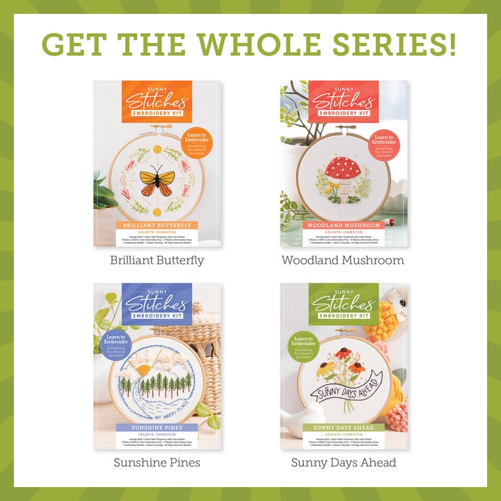 The Sunny Days Ahead Embroidery Kit from Schiffer Publishing, Ltd. features a finished hand embroidery design in a hoop on the front cover.