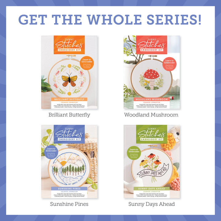Schiffer Publishing, Ltd.'s Sunny Stitches Embroidery Kit Sunshine Pines is shown with its unique hand-embroidered design in a hoop, part of the collection that includes Brilliant Butterfly, Woodland Mushroom, and Sunny Days Ahead kits.