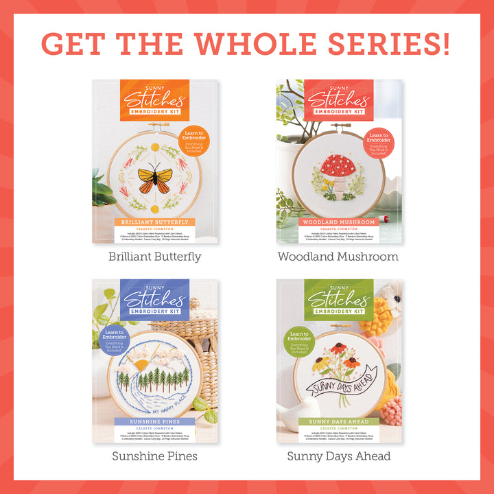 Four embroidery kits by Schiffer Publishing, Ltd.—Brilliant Butterfly, Woodland Mushroom, Sunshine Pines, and Sunny Days Ahead—are displayed under "GET THE WHOLE SERIES!", each featuring unique hand embroidery designs.