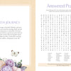 Two-page spread: The left page of MindfulMoments Word Search Inspired Living by Schiffer Publishing, Ltd. features Faith Journey text adorned with delicate flowers and a butterfly, inviting moments of reflection and peace. On the right, enjoy an engaging Answered Prayers word search puzzle—one of many uplifting activities in this faith-inspired book—paired with a heartfelt prompt encouraging readers to share their own stories of answered prayers. An ideal choice for anyone wishing to enrich their spiritual