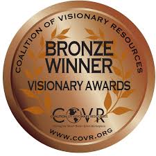 A round bronze medal reads "Bronze Winner Visionary Awards" with "Coalition of Visionary Resources" and "www.covr.org" around the edge, with leaf motifs, awarded for The Art of Flower Therapy by Schiffer Publishing, Ltd.
