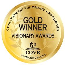 A shiny gold medal with "Gold Winner Visionary Awards" and "Coalition of Visionary Resources" encircling the edge, plus the COVR logo and website—honoring Schiffer Publishing, Ltd.'s Ancient Wisdom Scrolls, Past Lives.