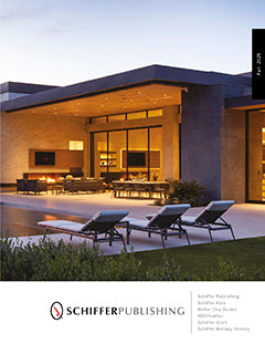 A modern house with large glass doors opens to a patio with lounge chairs and a swimming pool, illuminated by warm evening lights. The Schiffer Publishing logo and information appear at the bottom of the image.
