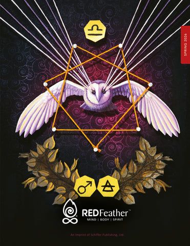 Illustration of a white owl with outstretched wings, surrounded by geometric lines and a golden hexagram. Brown leaves and esoteric symbols appear below, all on a dark, patterned background. REDFeather is written at the bottom.