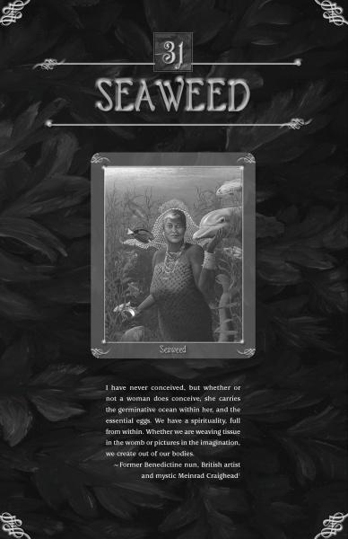 The Green World Oracle by Schiffer Publishing, Ltd. features a grayscale "Seaweed" card showing a woman with birds and plants, holding seaweed. An ornate border frames a quote on spirituality and creativity by Meinrad Craighead.