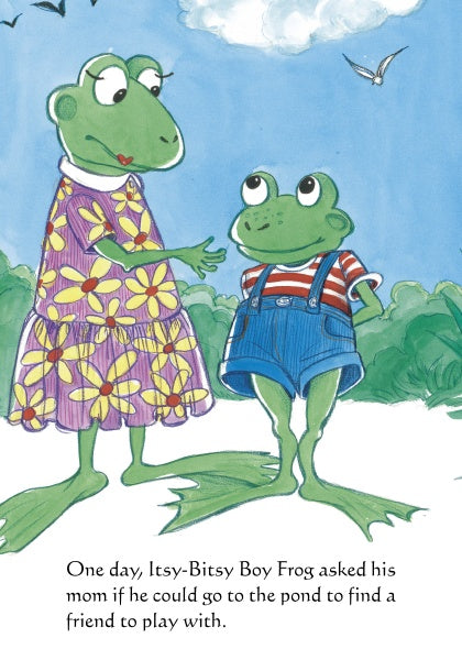 In "The Silly Looking Thing" by Schiffer Publishing, Ltd., a mother frog in a flower dress chats with her son, Itsy-Bitsy Boy Frog, dressed in blue overalls—a heartwarming children’s scene of friendship and nature for early readers.