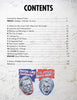 Table of contents page for "Robbie Conal" (Schiffer Publishing, Ltd.) with 13 chapter titles and two illustrated men’s portraits below, styled like Robbie Conal’s political art, featuring slogans: “Tastes Like Chicken” and “The Other White Meat!”.