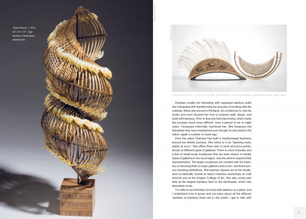 A large, intricate spiral sculpture stands on a wooden base—an inspiring testament to arts entrepreneurship. On the right, two crescent bamboo pieces appear. Below is "Making Good" by Schiffer Publishing, Ltd.