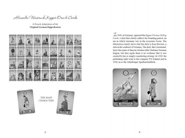 A two-page spread from The Art of Kipper Reading by Schiffer Publishing, Ltd. features vintage Kipper oracle cards with portraits and explanatory text, plus two large “THE MAIN CHARACTERS” cards that illustrate classic German divination spreads.
