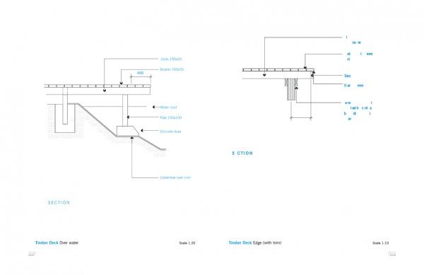 Technical drawing from "A Guide to Building Natural Swimming Pools" by Schiffer Publishing, Ltd. shows two timber deck cross-sections: one over water with labels, and one at the edge with built-in trough, dimensions, and material notes.