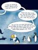 A cartoon puffin stands with three penguins as two shadowy figures discuss its cuteness in speech bubbles. The textured blue background gives a charming, children's book feel—ideal for "The Angry Little Puffin" by Schiffer Publishing, Ltd.