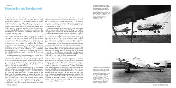A book spread from "Hawker Hurricane" by Schiffer Publishing, Ltd. features WWII aviation history text and details on the Hawker Hurricane on the left page, with two vintage military airplane photos on the right page.