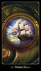 A sailing ship with white sails glides across the sea through a porthole, framed by an old map and compass. At the bottom: "14. Distant Shores." From The Chronicles of Destiny Fortune Cards by Schiffer Publishing, Ltd.