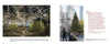 A city park sparkles with holiday lights and festive trees as a person with a stroller passes a towering Christmas tree, skyscrapers in the background—featured in ’Tis the Season New York by Schiffer Publishing, Ltd.