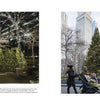 A city park sparkles with holiday lights and festive trees as a person with a stroller passes a towering Christmas tree, skyscrapers in the background—featured in ’Tis the Season New York by Schiffer Publishing, Ltd.