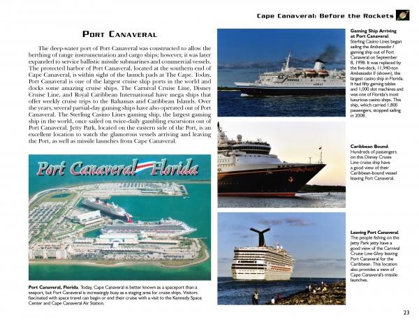 A travel brochure page highlights Port Canaveral, with cruise ships, a port map, and local attractions featured in "Cape Canaveral: America’s Spaceport" by Schiffer Publishing, Ltd., near the renowned space program.