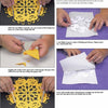 Creating Snowflake Art by Schiffer Publishing, Ltd. offers step-by-step visuals and instructions showing hands folding, cutting, and revealing a yellow paper snowflake, then placing it between parchment and ironing it flat. Close-up images guide each stage.