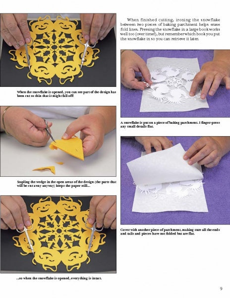 Creating Snowflake Art by Schiffer Publishing, Ltd. offers step-by-step visuals and instructions showing hands folding, cutting, and revealing a yellow paper snowflake, then placing it between parchment and ironing it flat. Close-up images guide each stage.