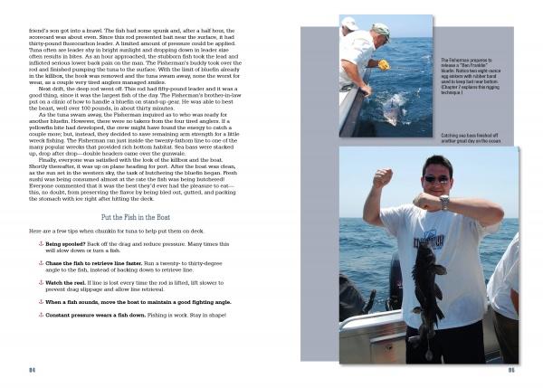 Two photos from "Saltwater Tales" by Schiffer Publishing, Ltd. show anglers with big catches by a boat and onboard. The images are paired with useful saltwater fishing strategies and tips.