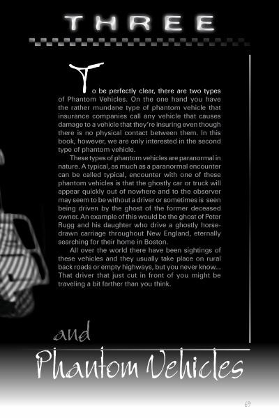 Page from "Haunted Highways and Ghostly Travelers" by Schiffer Publishing, Ltd., describing phantom vehicles and ghostly travelers, with a partial black-and-white image of a person on the left and white text on a black background. Page 69 is shown.