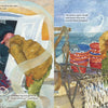 A fisherman in a brown raincoat and red cap unloads baskets and nets from his boat on Chesapeake Bay; overlaid radio text brings the charm of watercolor children’s books in "Wind and Oyster Jack" by Schiffer Publishing, Ltd.