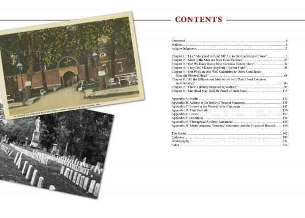 The table of contents from "Three Cheers for the Chesapeake!" by Schiffer Publishing, Ltd., displays B&W and color historical photos of cemeteries and monuments tied to the Chesapeake Artillery, with chapters and appendices highlighting Civil War history.