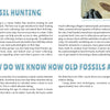 A magazine page about fossil hunting and dating fossils features a hand holding a fossilized leaf in rock. Blue and yellow headings and text blocks make it resemble "The 50 State Fossils" by Schiffer Publishing, Ltd., a colorful kids' guidebook.