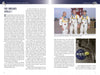 A magazine spread from Schiffer Publishing, Ltd.'s "Disasters in Space" features the Apollo 1 disaster—three suited astronauts stand above a NASA patch, while the left page covers details of the tragic fire.
